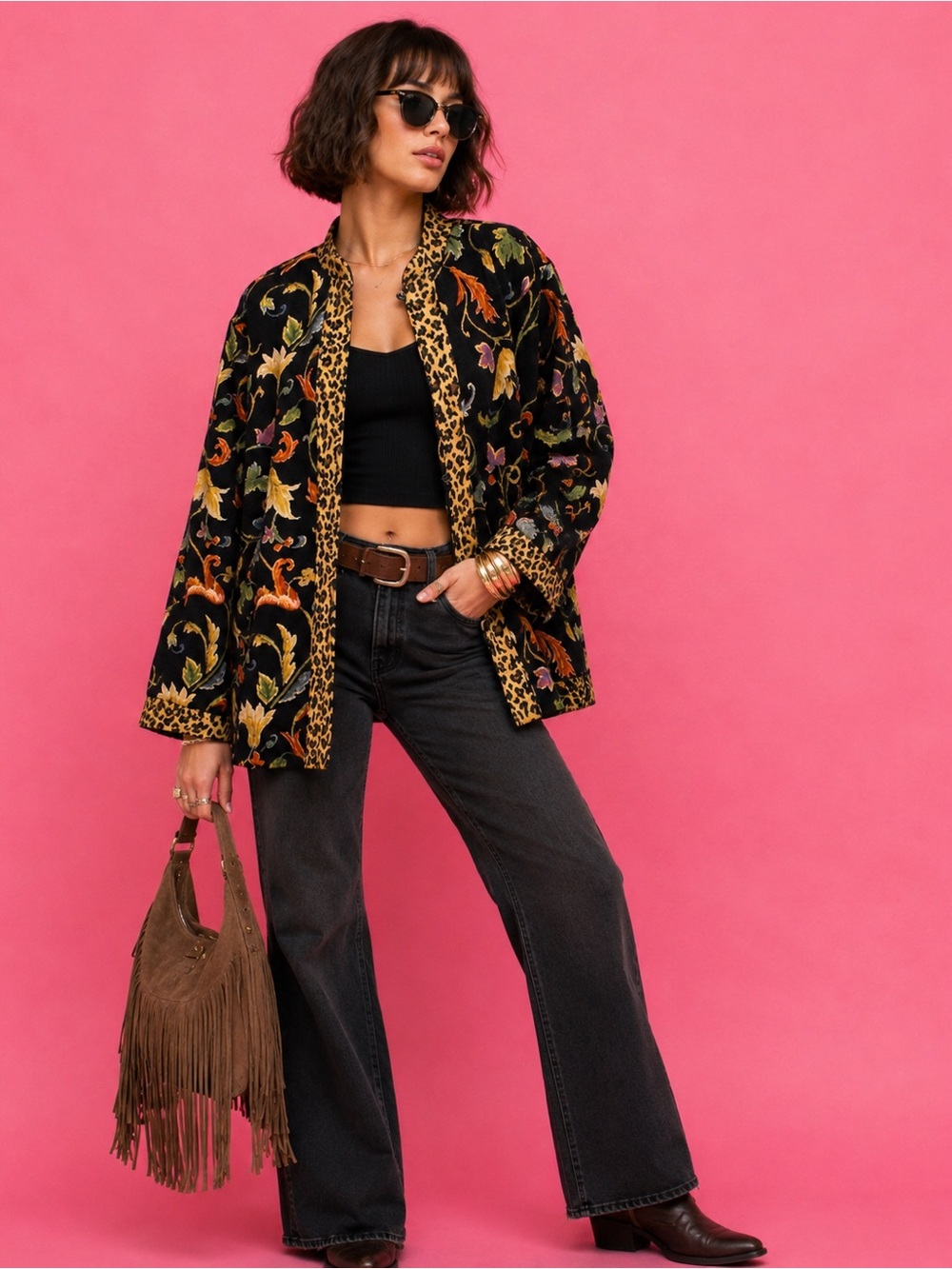 White Stag Black Floral Jacket with Leopard Accent